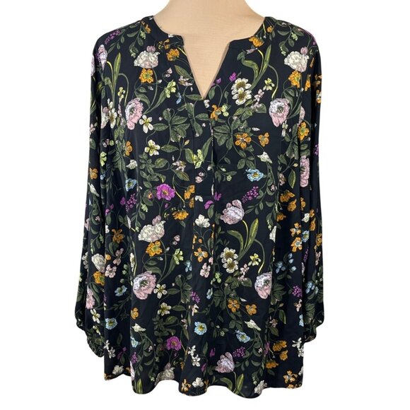 New Tahari Blouse Top Tunic Size 1X Black Floral Pink Orange V-Neck - Picture 1 of 9